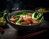 bowl of spicy pho soup with pork belly and bok choy