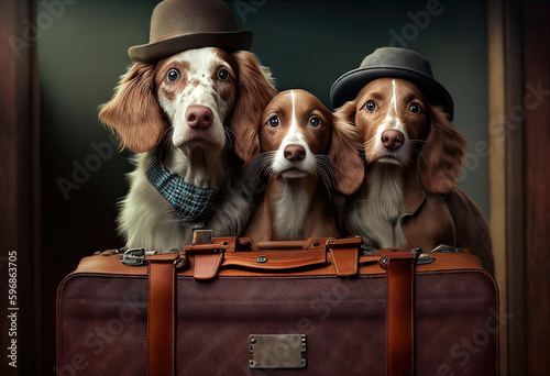 Fotografia Dogs dressed in a hat, a scarf ready to go out against the backdrop of a house with suitcases, the concept of a dog family moving out, vacation