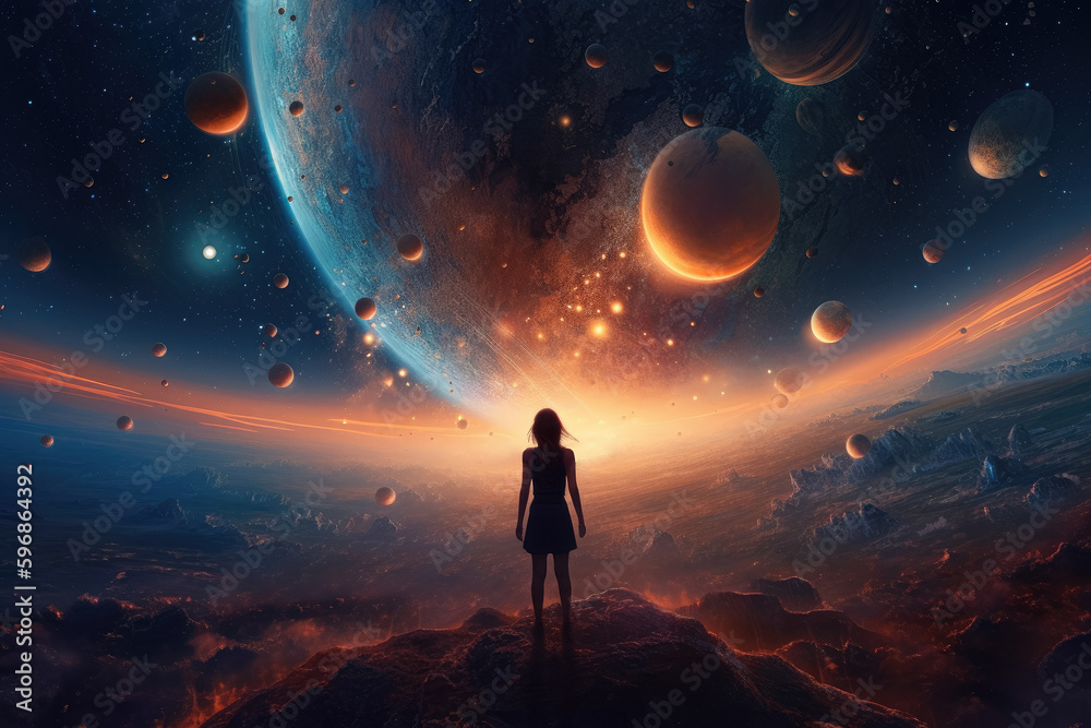 The photo depicts a woman standing in a magical place, looking at the colorful universe from behind. Generative AI, AI.