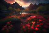 A sweeping landscape of rugged mountains and vibrant wildflowers, illuminated by the soft light of sunrise. The vivid colors of the flowers contrast against the cool blues and greens. Generative ai.