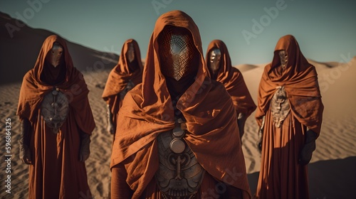 A group wearing a robe and ornate jewelry in the desert wasteland