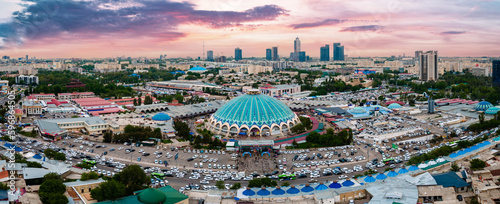 Aerial Panorama view of the Chorsu market in Tashkent, Uzbekistan photo
