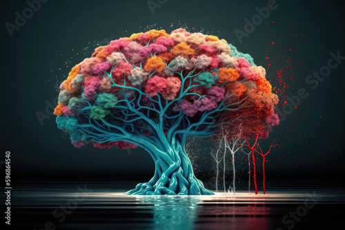 A tree shaped like a brain stands in the middle of a lake, surrounded by colorful paint flowing around it. Generative AI, AI.