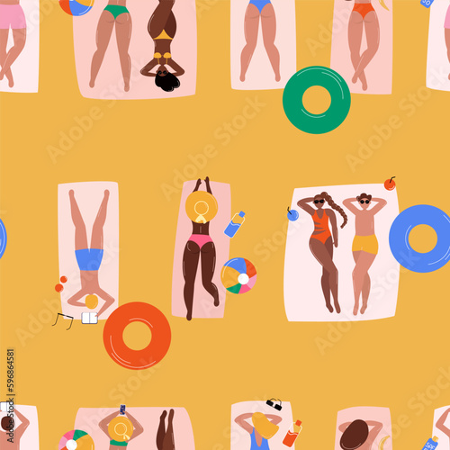 Seamless pattern with people sunbathing at beach. Diverse men and women, couples in bikini lying on towels, relax. Inflatable swimming rings, balls. Vector illustration