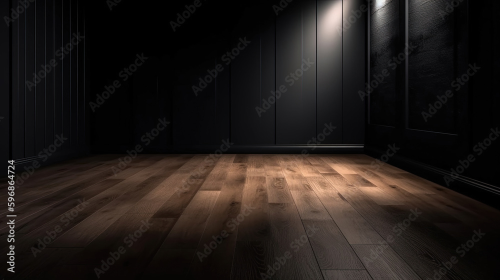 Dark room with wooden floor and window. Generative Ai