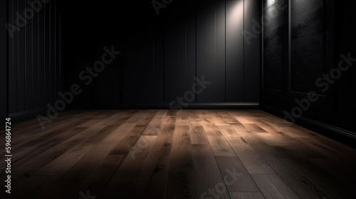 Dark room with wooden floor and window. Generative Ai
