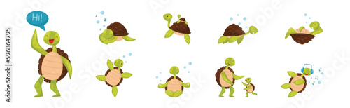 Funny Turtle or Tortoise with Shell Engaged in Different Activities Vector Set