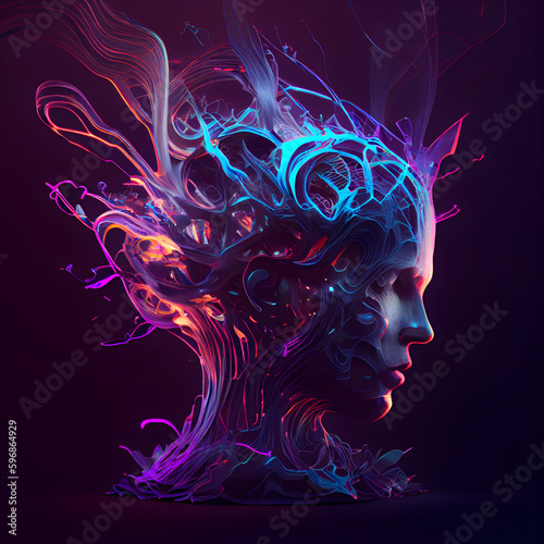3d rendering of a human head with an abstract colorful hair.