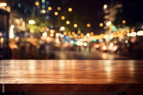illustration, wooden bar top with blurred night cafe, ai generative