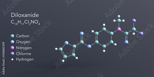 diloxanide molecule 3d rendering, flat molecular structure with chemical formula and atoms color coding