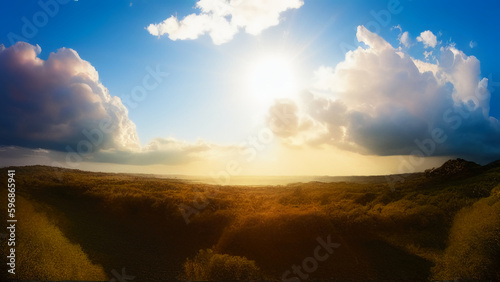 The bright yellow sun shines in the blue sky. Bright sunlight in the evening. Bright sunlight at dusk falls on a dense forest. Generated by AI. International Sun Day.