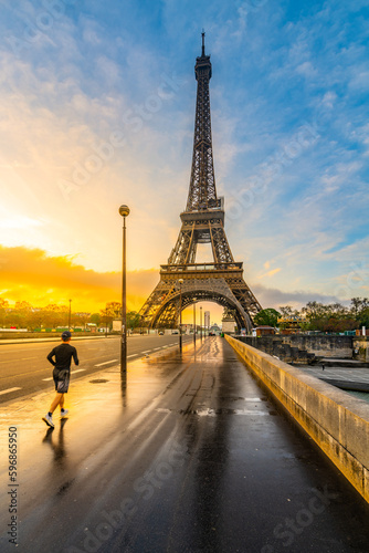 Photography Young man run on the bridge at sunrise time after rain