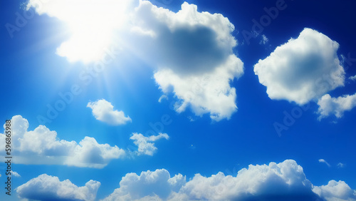 Bright sun in the sky among white fluffy clouds. Sunlight in the blue sky. Generated by AI. International Sun Day.