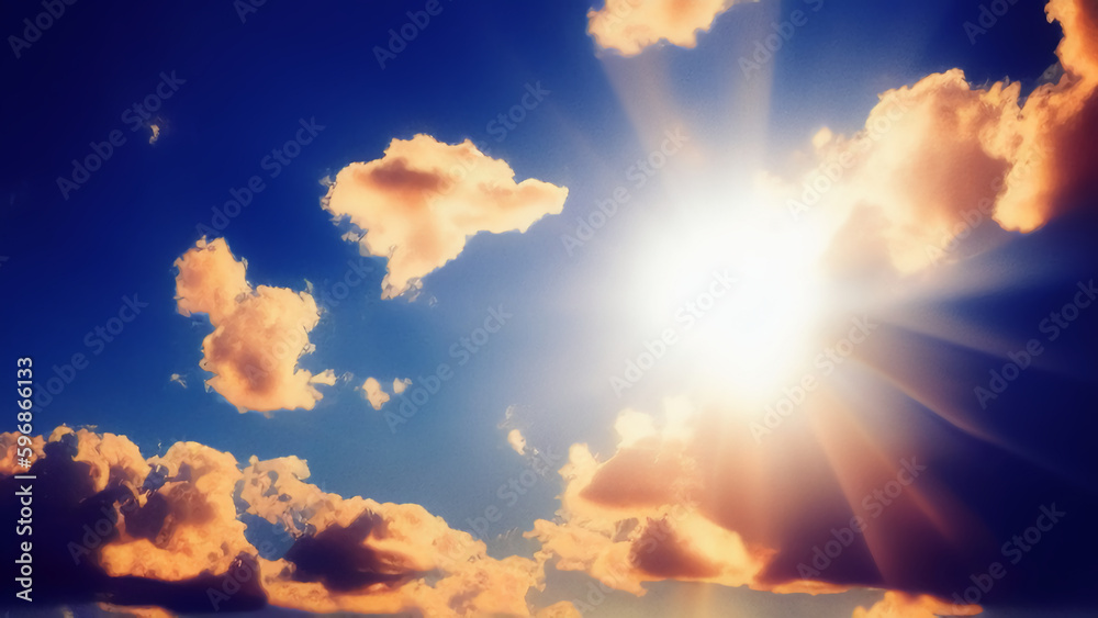 The bright sun shines from behind the clouds in the blue sky. Bright sun rays shine on the clouds. Generated by AI. International Sun Day.