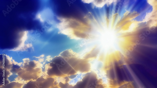 The bright sun shines from behind the clouds in the blue sky. Bright sun rays are shining in the sky. Generated by AI. International Sun Day.
