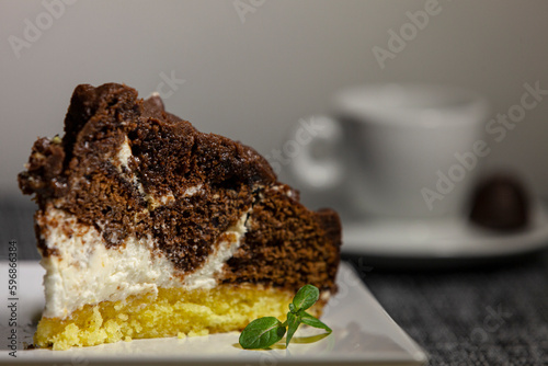 Obraz na płótnie Delicious homemade dark chocolate cake on a plate with mint w salonie