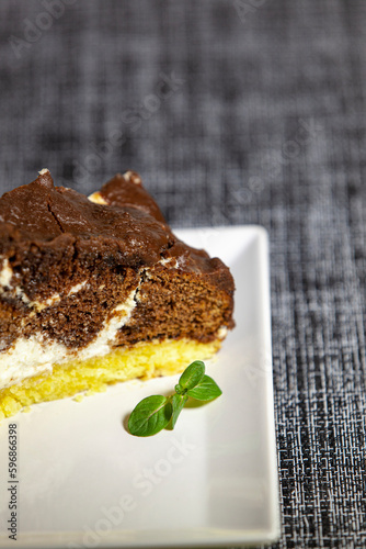 Obraz na płótnie Delicious homemade dark chocolate cake on a plate with mint w salonie