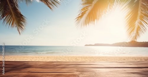 Wooden Table Top Surface with Blurred Blue Sea and White Sand Tropical Island Beach with Palms background. Empty Space for Product Display. Summer Holiday Background Banner. Generative AI.