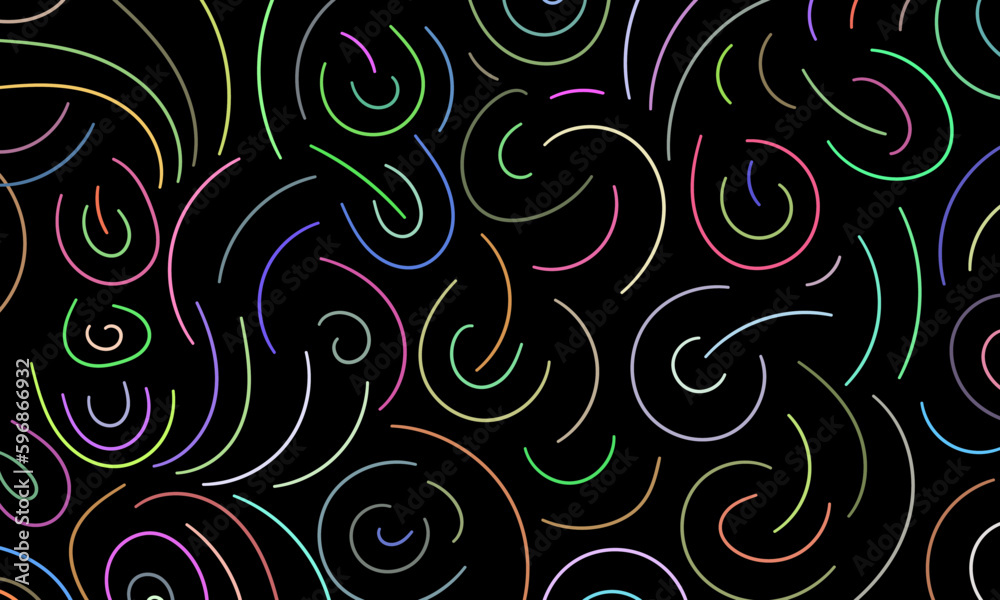Abstract colorful pattern of wavy lines and semicircles. Composition in the form of an arbitrary multi-colored pattern on a black background. Vector illustration, EPS 10. Doodle space. Abstract colorful pattern of wavy lines and semicircles. Composition in the form of an arbitrary multi-colored pattern on a black background. Vector illustration, EPS 10. Doodle space.