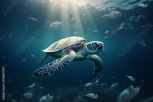 Turtle and plastic pollution in ocean. Anti-pollution concept. Generative AI © Eirene