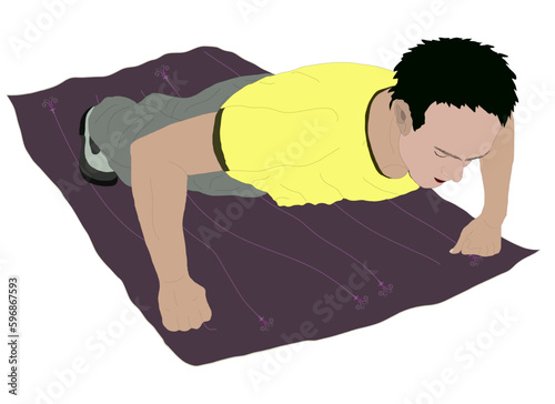 Man Doing Push-ups in a yellow shirt and dark gray shorts on a carpet