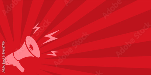 Template news banner with loudspeaker. Exciting news red empty background with space for text. Colorful minimal design for latest and Breaking news, advertising. Vector illustration