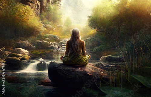 Woman Sitting on Stone and Meditating in Green Nature. AI generative. Buddhism, Zen concept.
