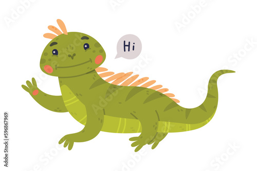 Funny Green Iguana Character with Scales Saying Hi Waving Paw Vector Illustration