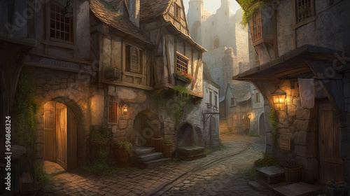 Illustration of medieval city created with Generative AI technology. photo