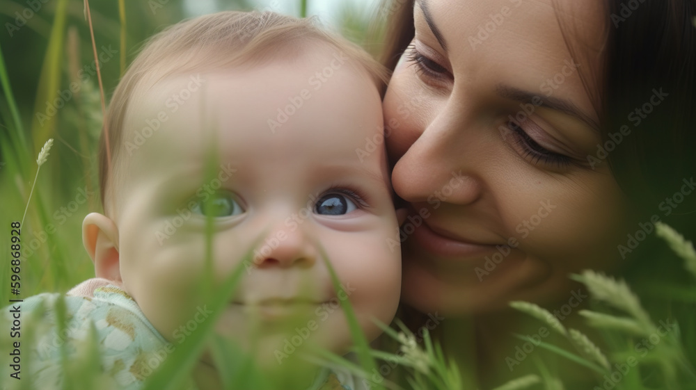 Mother and child playing in the grass, Happy Family at park, nature in summer Mother and child playing in the grass, Happy Family at park, nature in summer