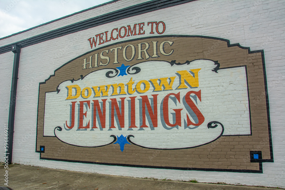Jennings, USA December 7, 2022 to Historic Downtown Jennings mural on the wall at
