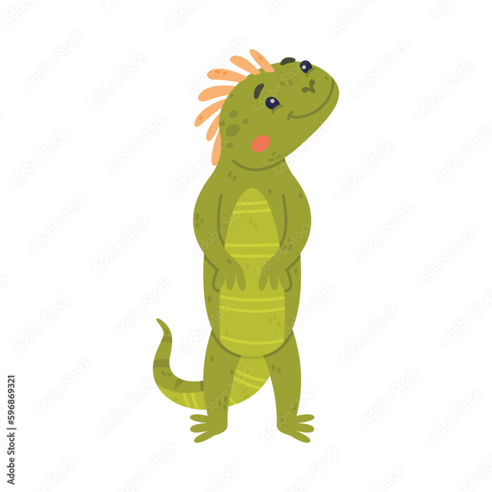 Obraz premium Funny Green Iguana Character with Scales Standing and Smiling Vector Illustration