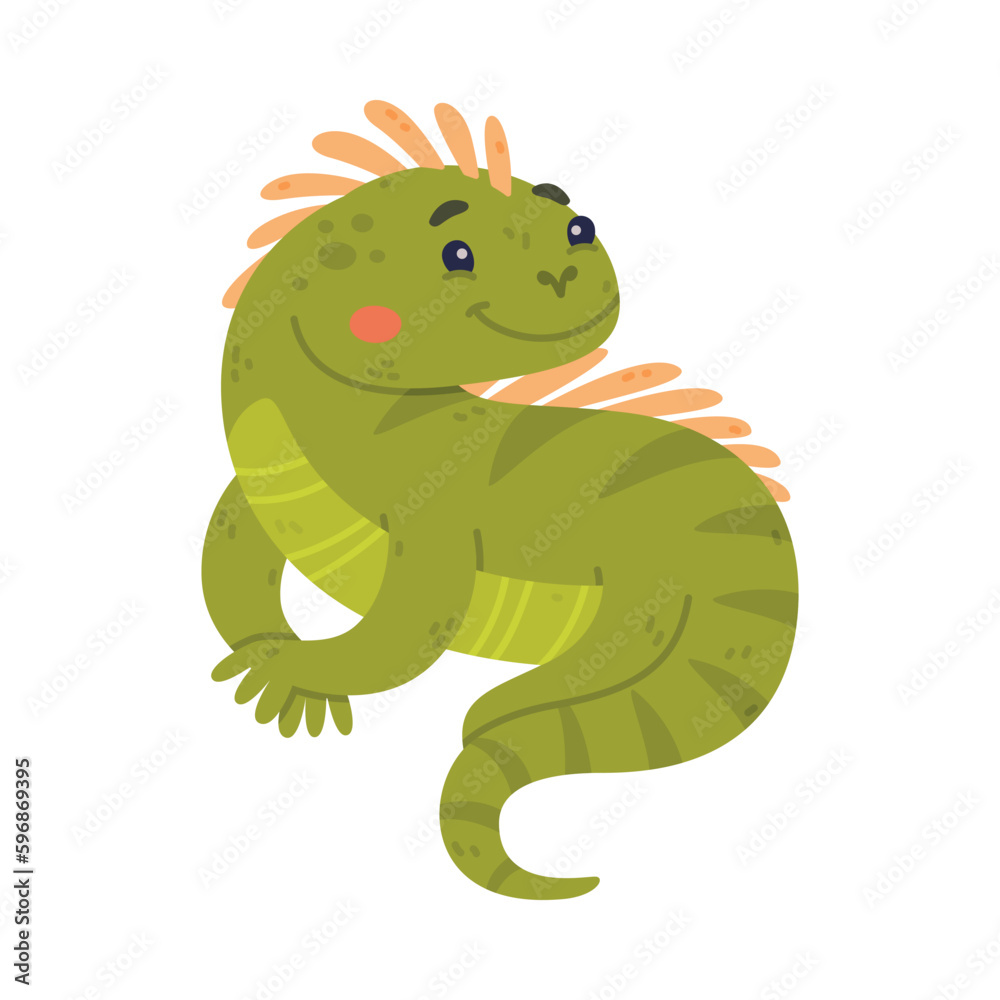 Fototapeta premium Funny Green Iguana Character with Scales Sitting Vector Illustration
