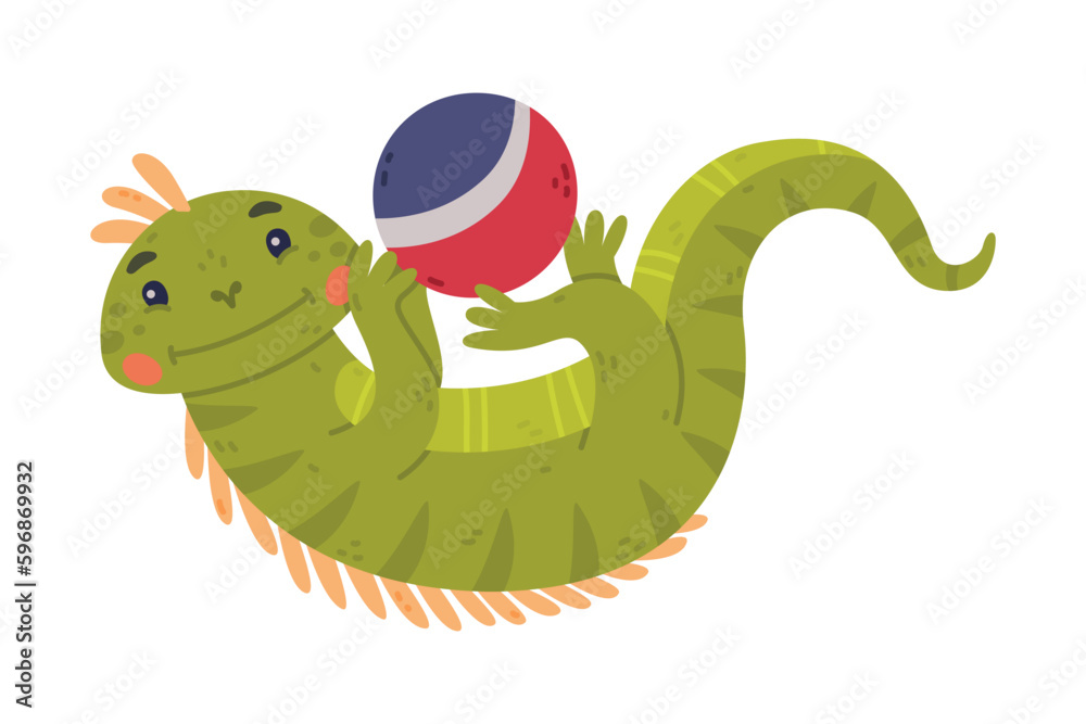 Fototapeta premium Funny Green Iguana Character with Scales Rolling on Its Back Playing Ball Vector Illustration