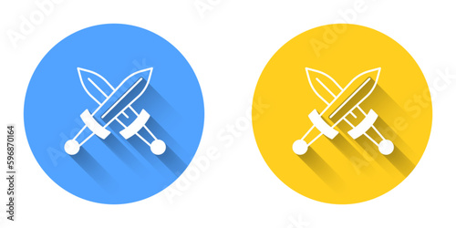 White Crossed medieval sword icon isolated with long shadow background. Medieval weapon. Circle button. Vector
