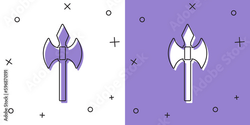 Set Medieval axe icon isolated on white and purple background. Battle axe, executioner axe. Medieval weapon. Vector