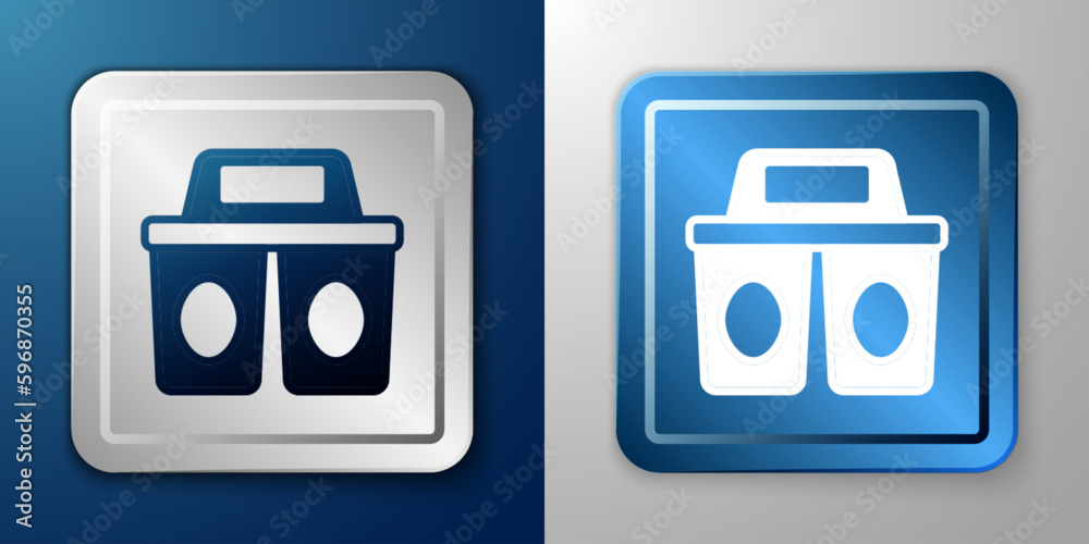 White Coffee cup to go icon isolated on blue and grey background. Silver and blue square button. Vector
