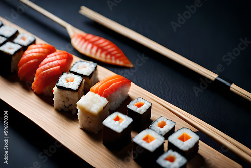 A Work of Art: A Close-Up View of an Intricately Arranged Sushi Platter with a Stunning Presentation with Generative AI