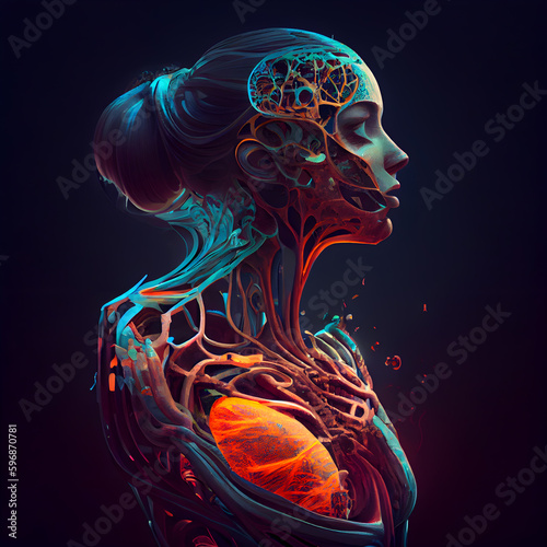 Human body anatomy with blood vessels on dark background. 3D rendering