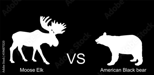 Moose against bear vector silhouette illustration isolated on black background. Battle for life and food against grizzly bear and deer elk buck. Powerful deer with huge antlers vs predator in forest.