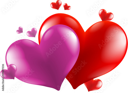 Transparent heart shapes in pink and red colors. Cute and romantic decoration for love design concept