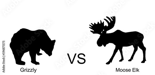 Moose against bear vector silhouette illustration isolated on white background. Battle for life and food against grizzly bear and deer elk buck. Powerful deer with huge antlers vs predator in forest.