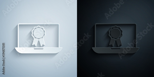 Paper cut Online education with diploma icon isolated on grey and black background. Diploma online at home. Webinar and video seminar learning. Paper art style. Vector