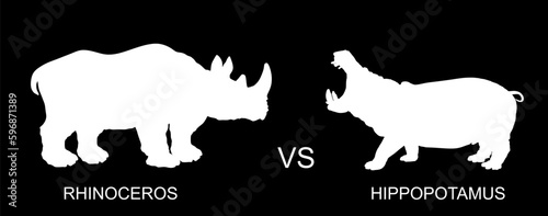 Rhinoceros male against hippopotamus vector illustration isolated on black. African animal poacher alert. Safari attraction. Strong heavy opponent battle on watering place rhino vs hippo angry beast.