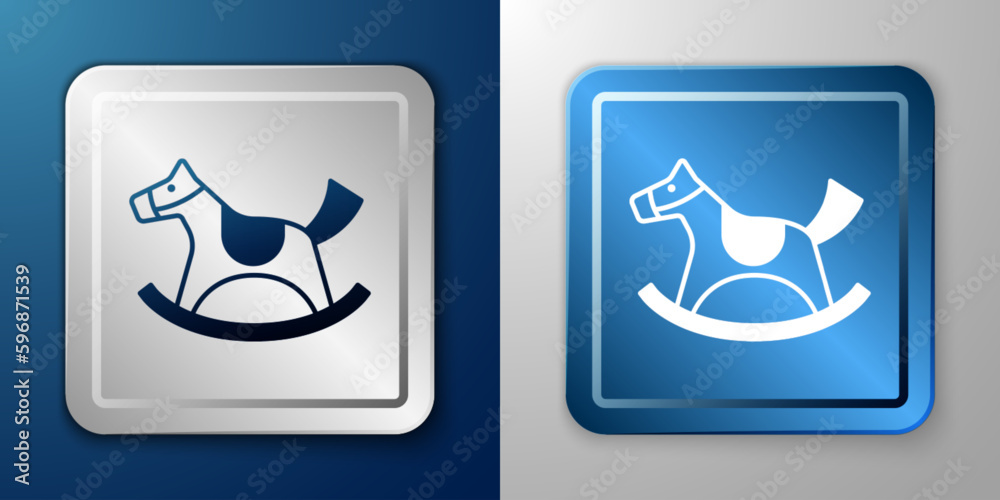 White Wooden horse in saddle swing for little children icon isolated on blue and grey background. Silver and blue square button. Vector White Wooden horse in saddle swing for little children icon isolated on blue and grey background. Silver and blue square button. Vector