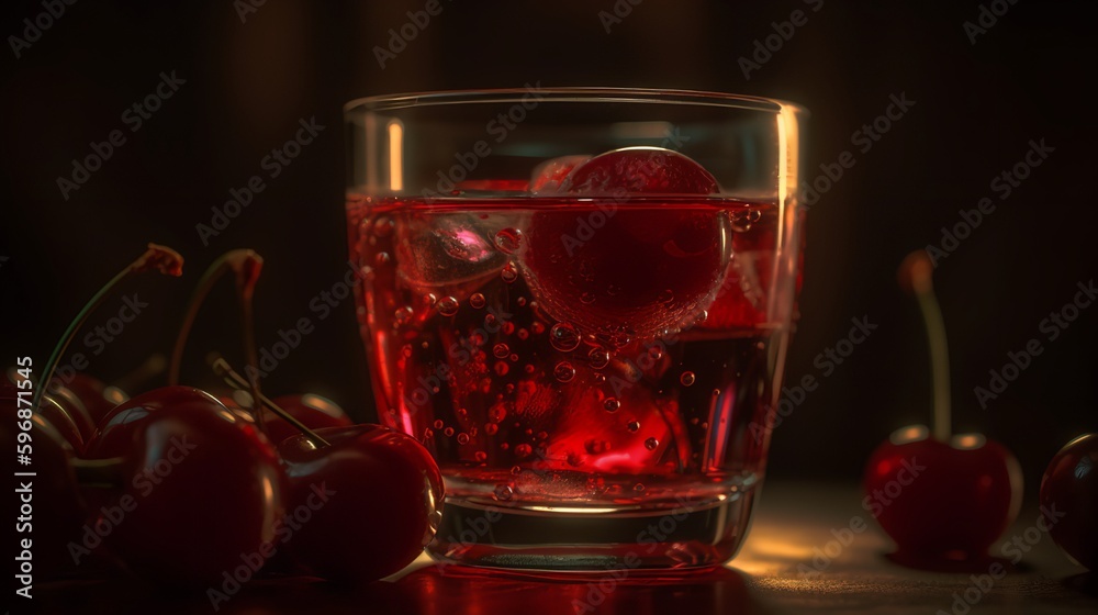 A glass brimming with cherry soda, adorned with a maraschino cherry on top