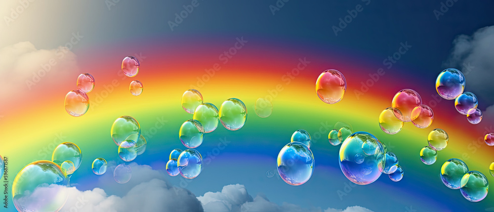 generative ai illustration of a rainbow with soap bubbles floating in a cloudy sky, dreamy fantasy background generative ai illustration of a rainbow with soap bubbles floating in a cloudy sky, dreamy fantasy background