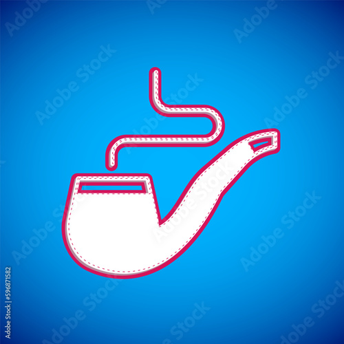 White Smoking pipe with smoke icon isolated on blue background. Tobacco pipe. Vector