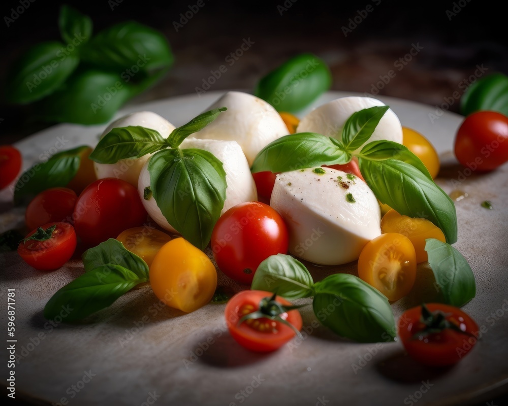 Caprese salad with juicy cherry tomatoes, fragrant basil leaves, and soft mozzarella cheese cubes Caprese salad with juicy cherry tomatoes, fragrant basil leaves, and soft mozzarella cheese cubes