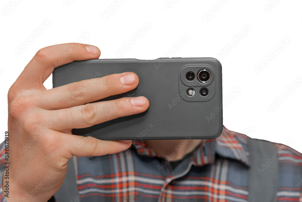 Hand of a man in shirt close-up holding a mobile phone or smartphone in a grey case on a white background, isolated Hand of a man in shirt close-up holding a mobile phone or smartphone in a grey case on a white background, isolated